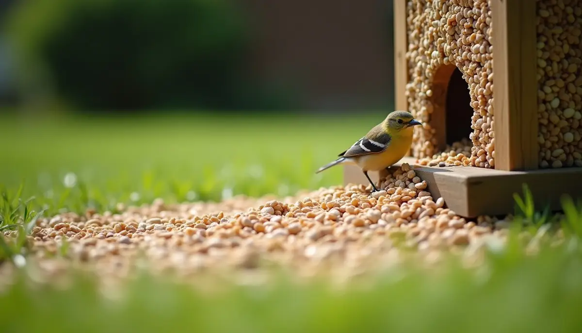 Bird seed spilled under a garden feeder