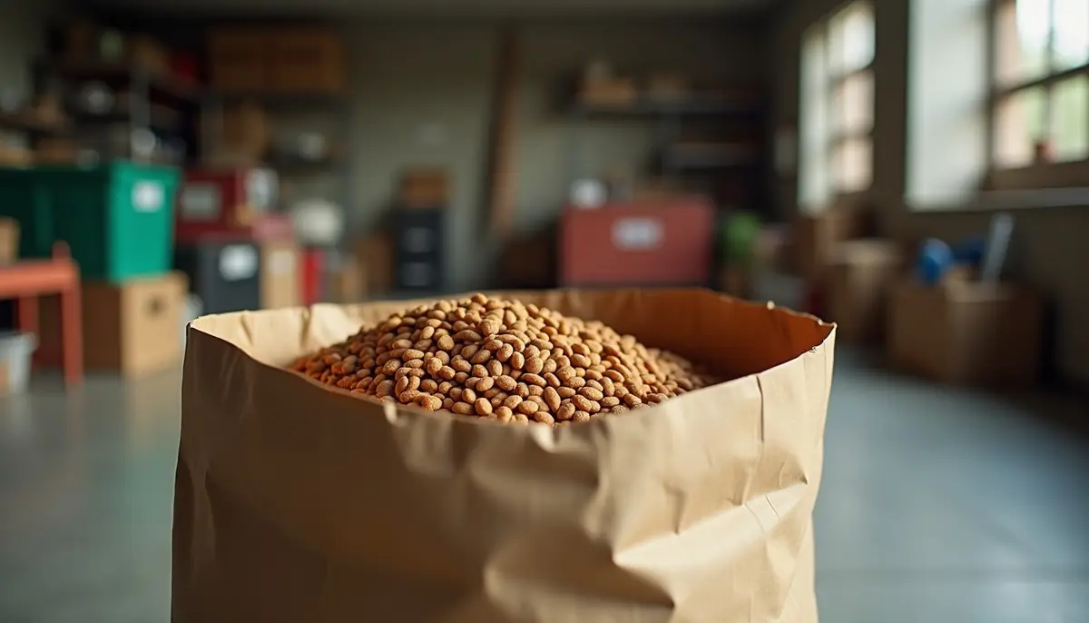 Open bag of dry pet food in a garage
