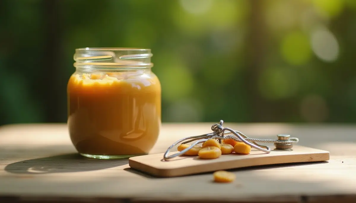 Jar of peanut butter beside a wooden snap trap
