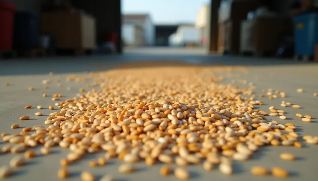 Seeds and grains spilled on a garage floor
