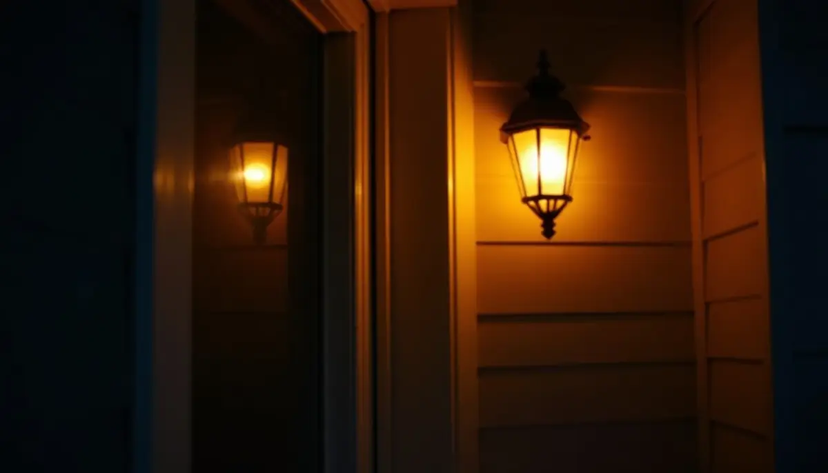 Warm amber porch light on a house wall at night