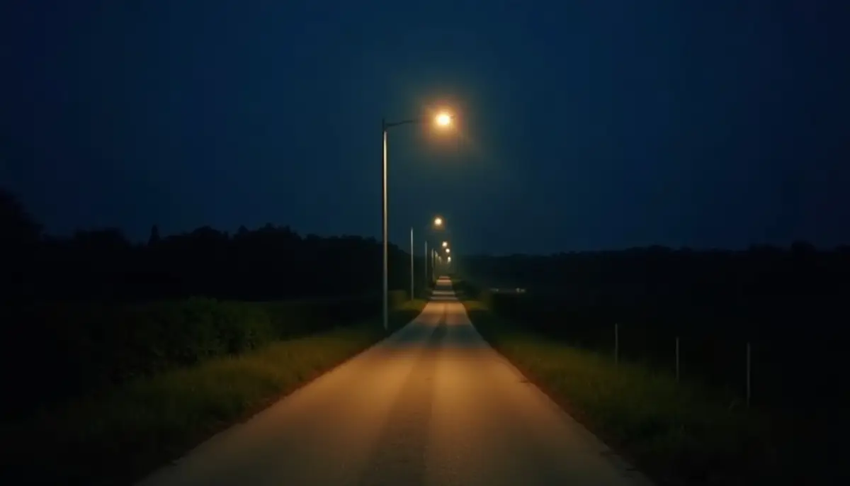 Street lamp glowing over a dark rural road at night