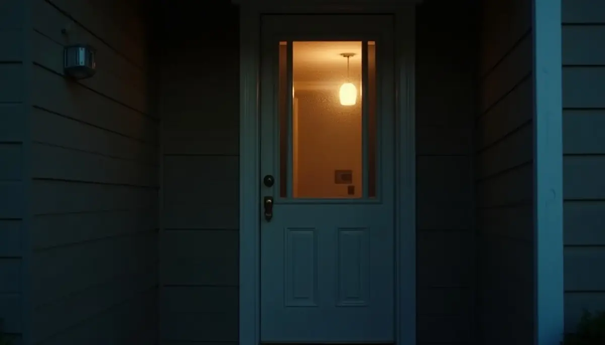 Back door with a screen and a dim lamp inside at night