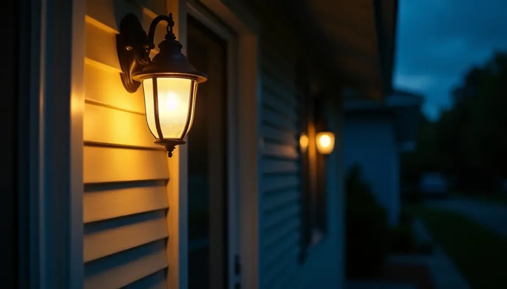 Porch light glowing on a house wall at night
