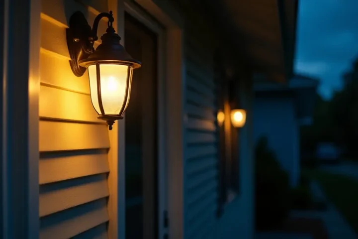 Porch light glowing on a house wall at night