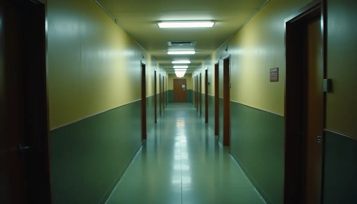 Dim apartment building basement corridor