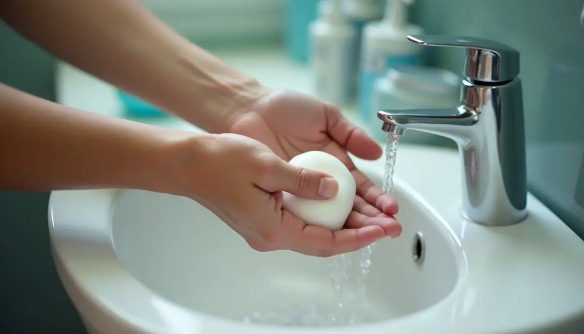 Hand washing at a bathroom sink with soap