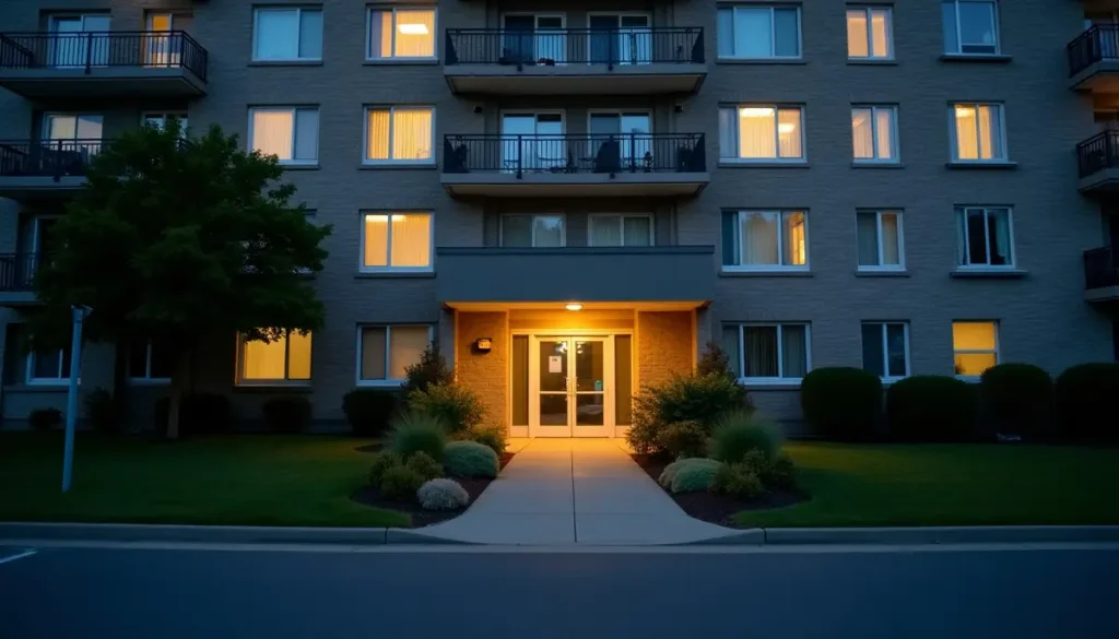 Apartment building entrance at dusk