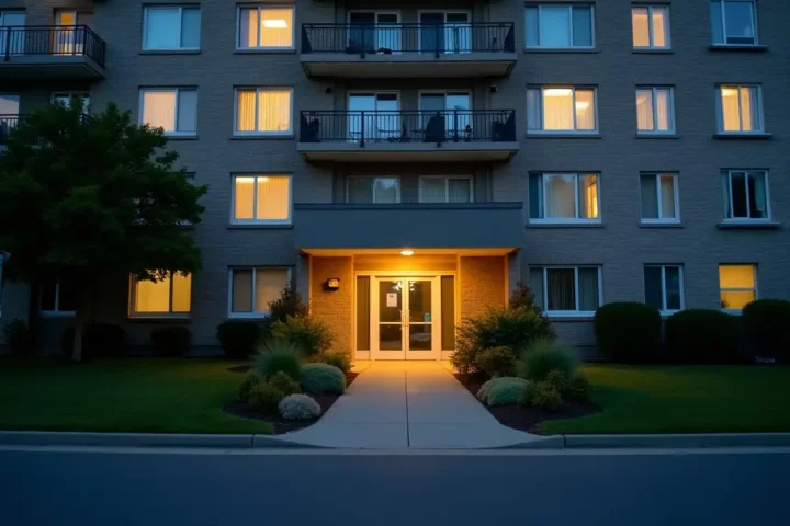 Apartment building entrance at dusk