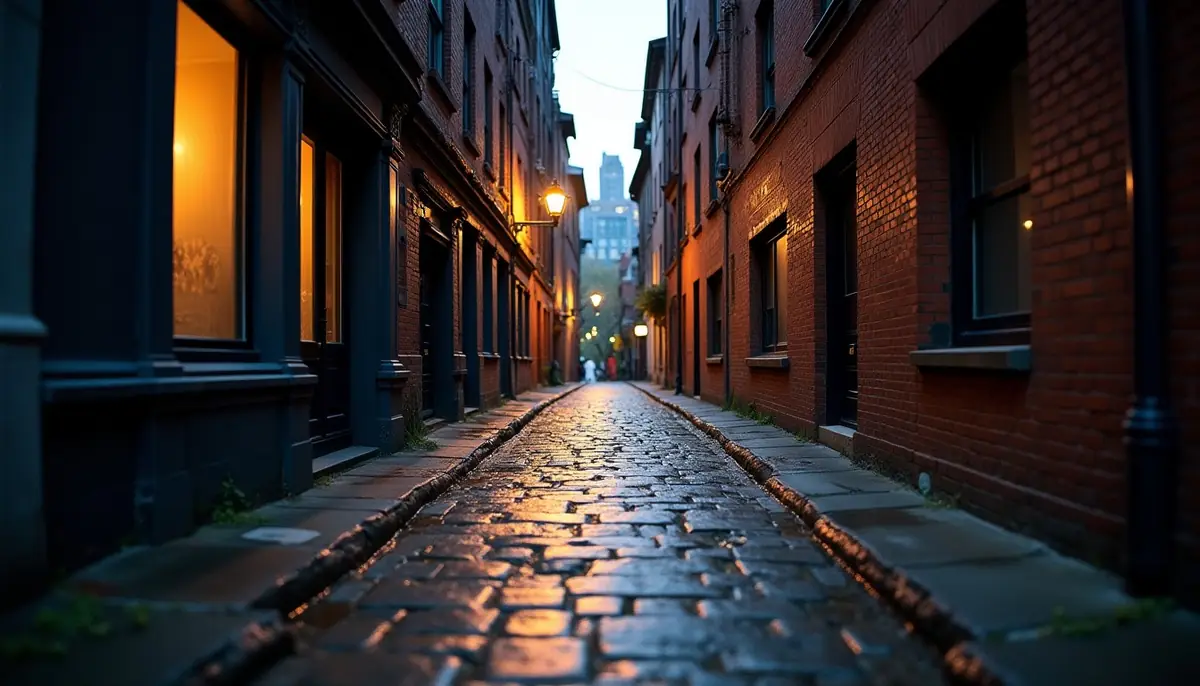 Empty city alley at dusk with wet cobblestones