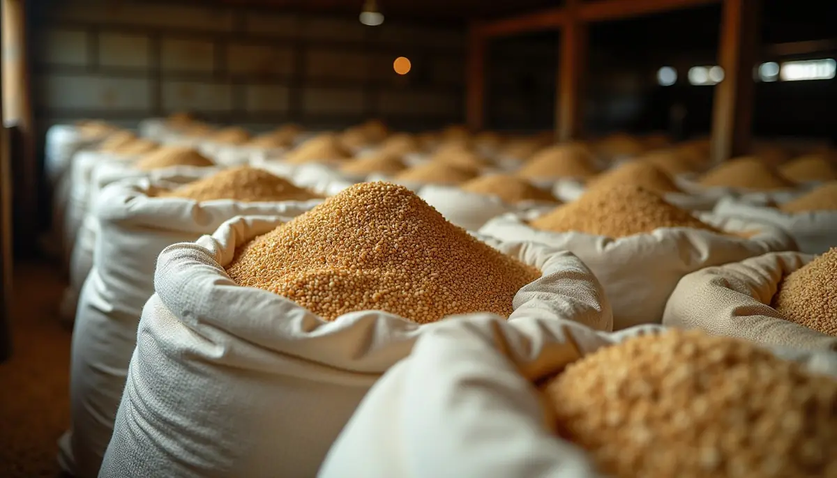 Grain sacks in a farm storeroom