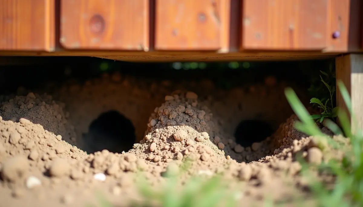 Burrow holes under a garden shed