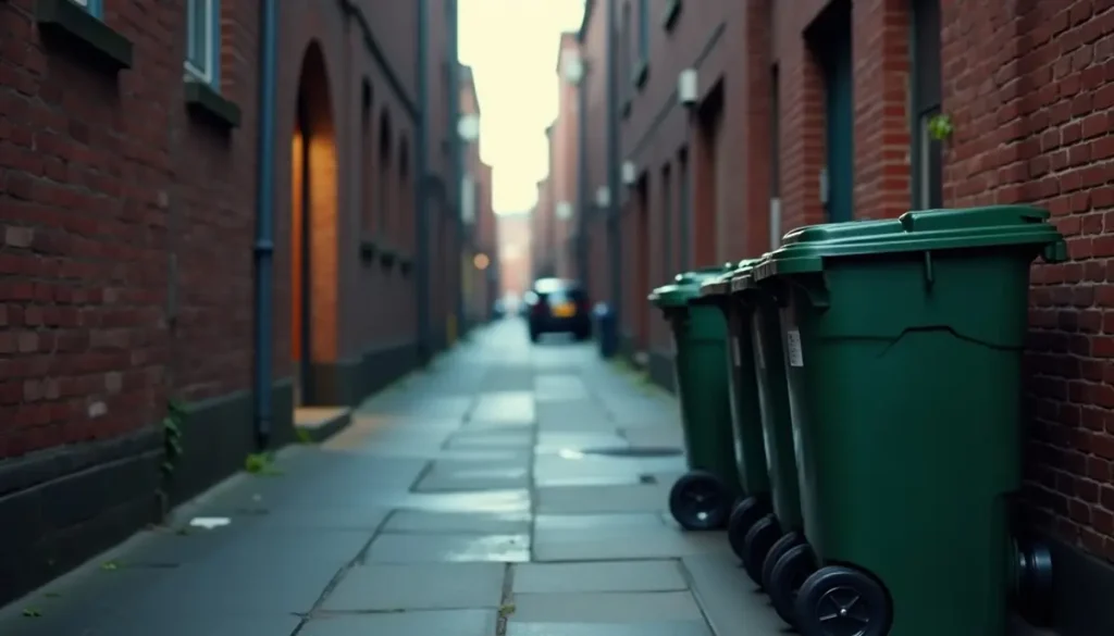 City alley with rubbish bins at dusk