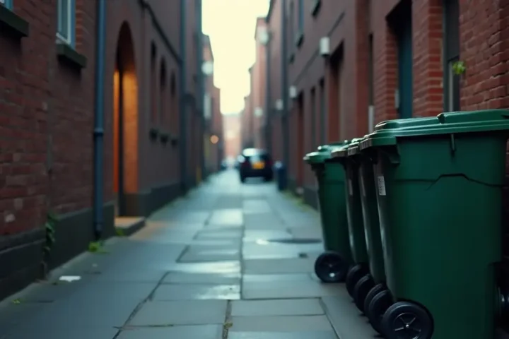 City alley with rubbish bins at dusk