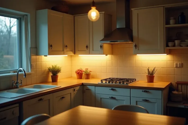 Kitchen wall and counter at night