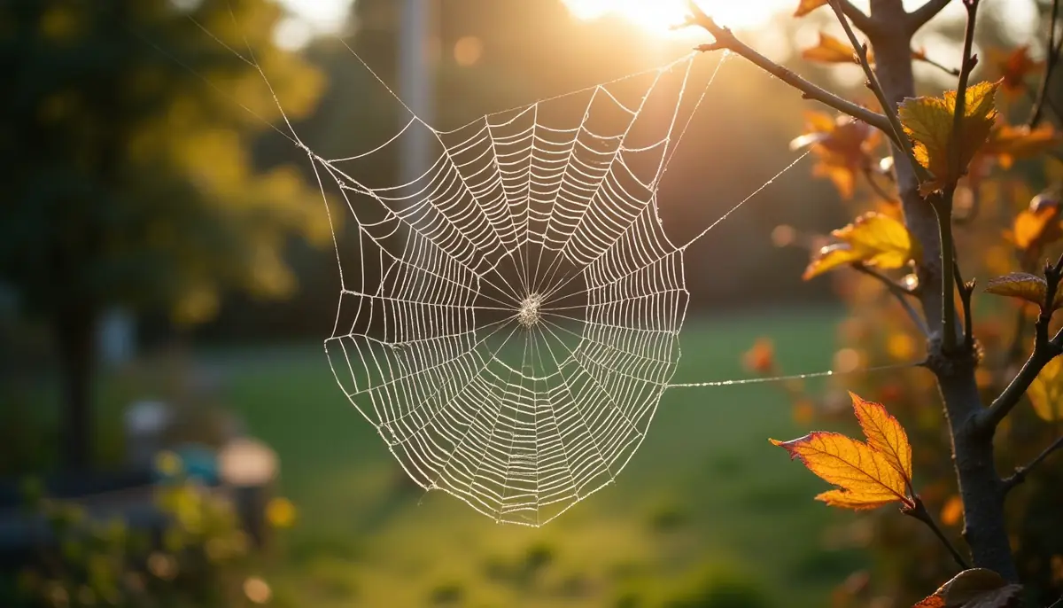 Garden web covered in dew in autumn