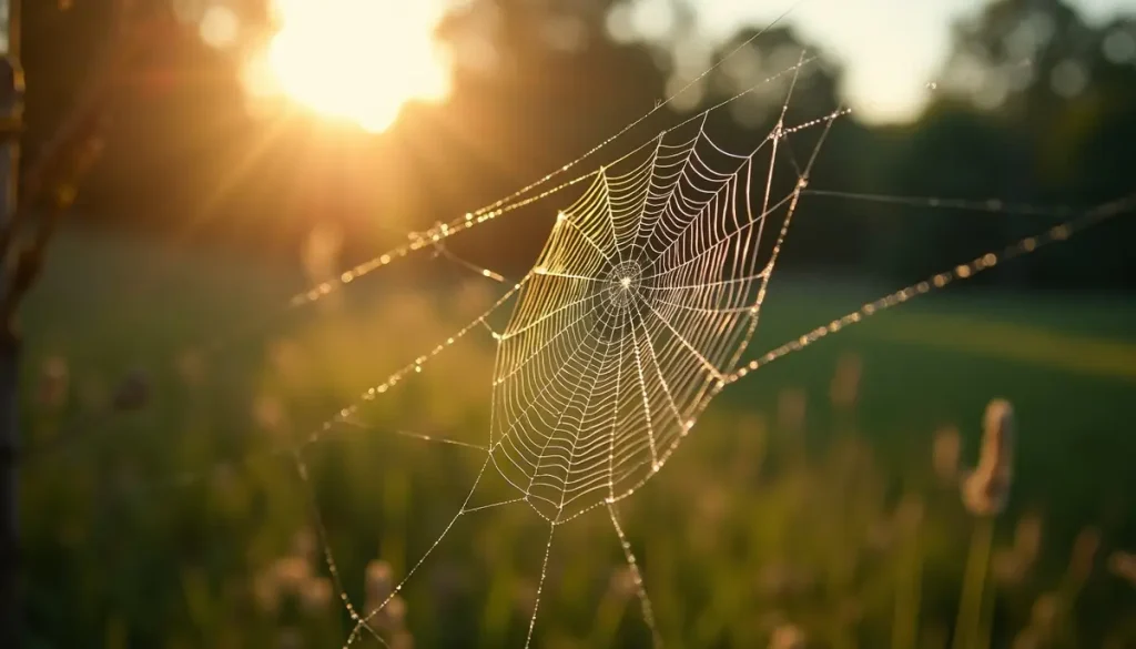 Dew-covered spider web in morning light