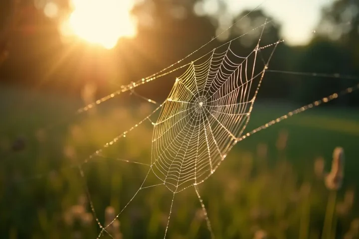 Dew-covered spider web in morning light