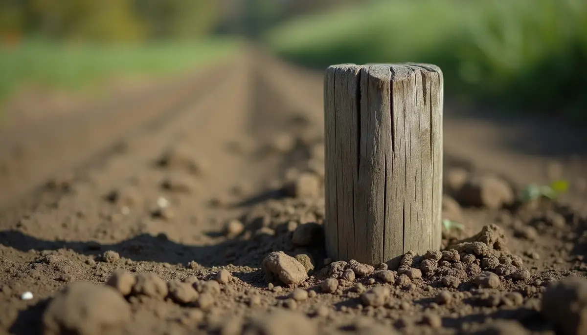 Old wooden fence post sitting in damp soil