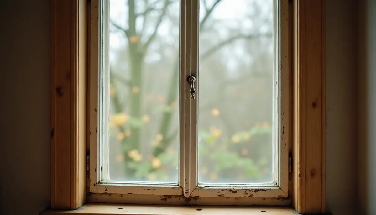 Weathered wooden window frame with soft spots