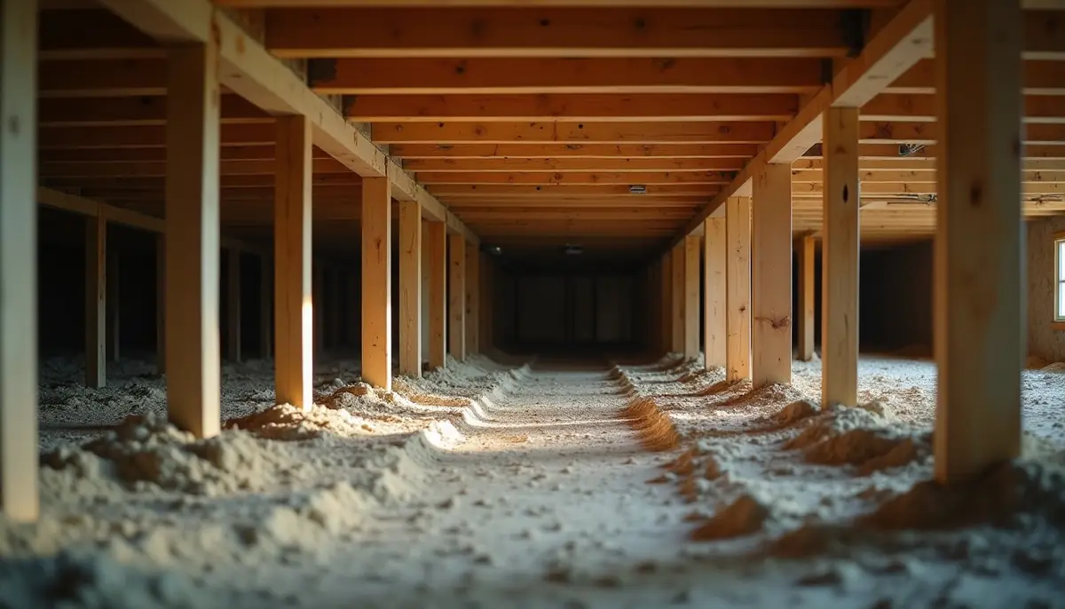 Crawlspace with wooden joists and a dirt floor