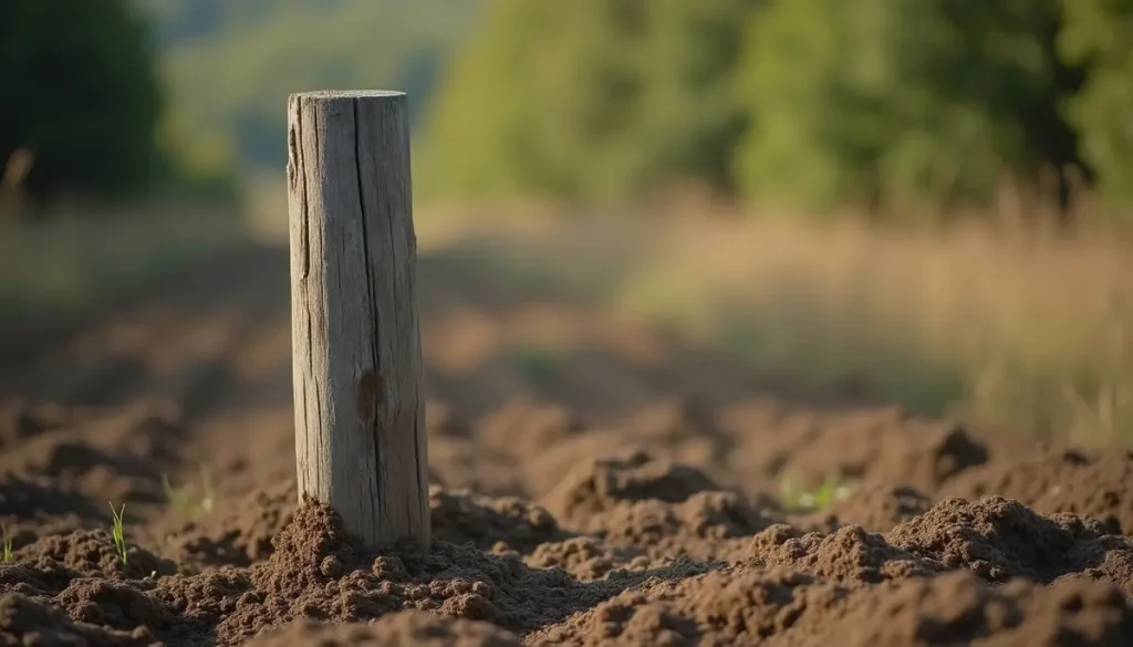 Old wooden fence post in damp soil
