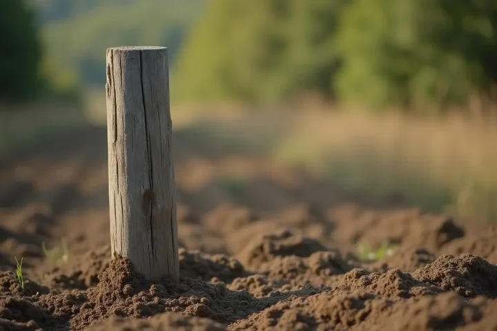 Old wooden fence post in damp soil