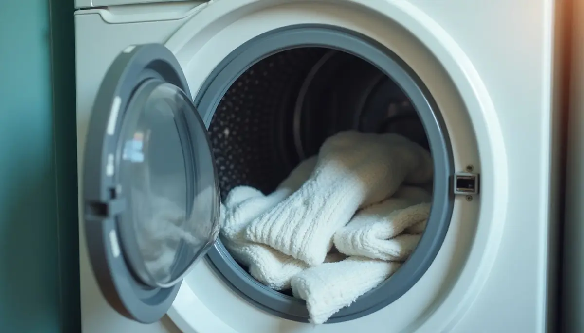 Clothes dryer with the door open and laundry inside