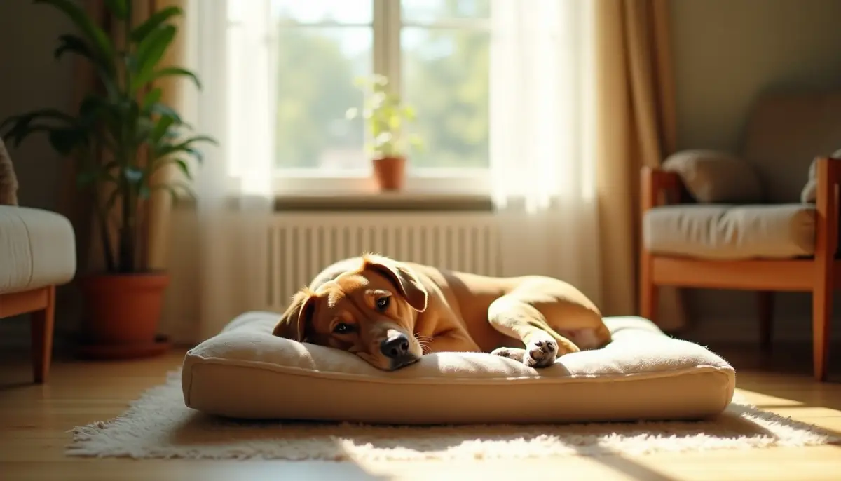 Dog bed in a sunny living room