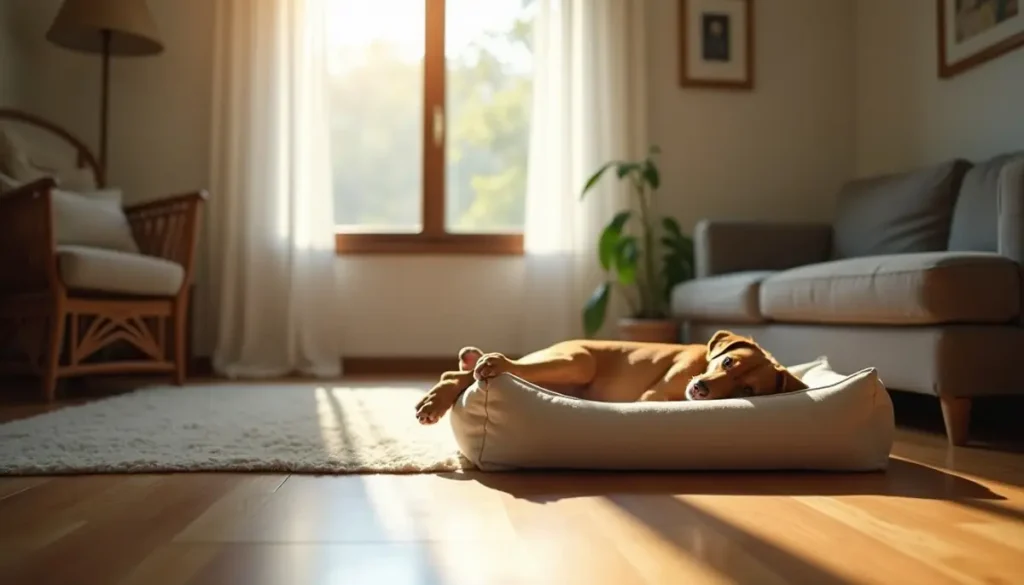 Living room with a dog bed and wooden floor