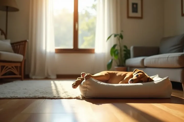 Living room with a dog bed and wooden floor