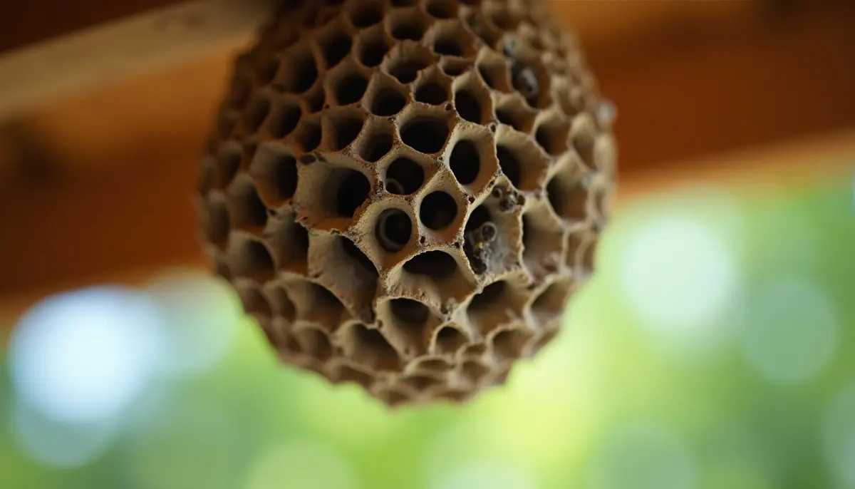 Grey paper nest under a roof overhang