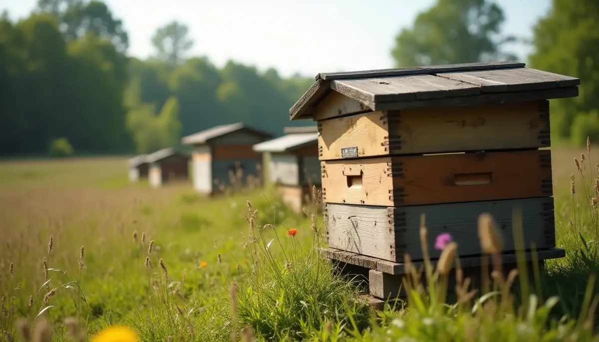 Wooden beehives in a meadow