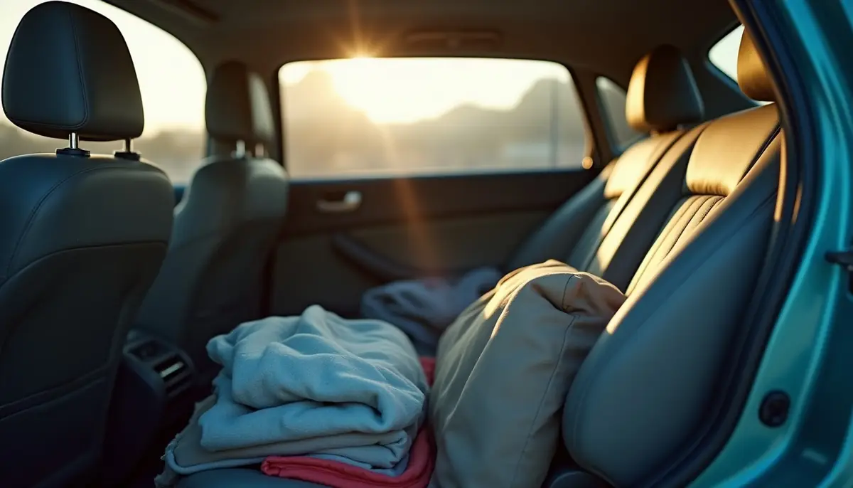 Car back seat with folded clothes and a bag
