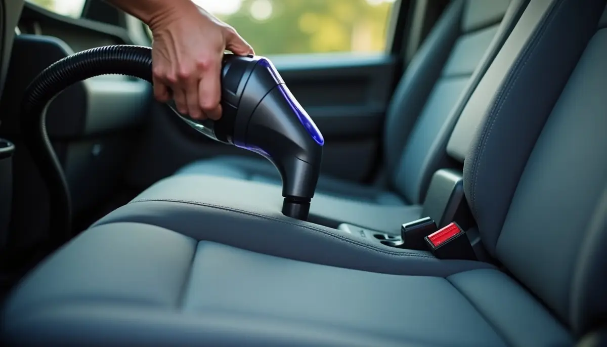 Hand vacuum cleaning the seams of a car seat