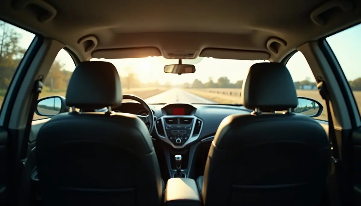 Sun shining through a car windshield onto the seats