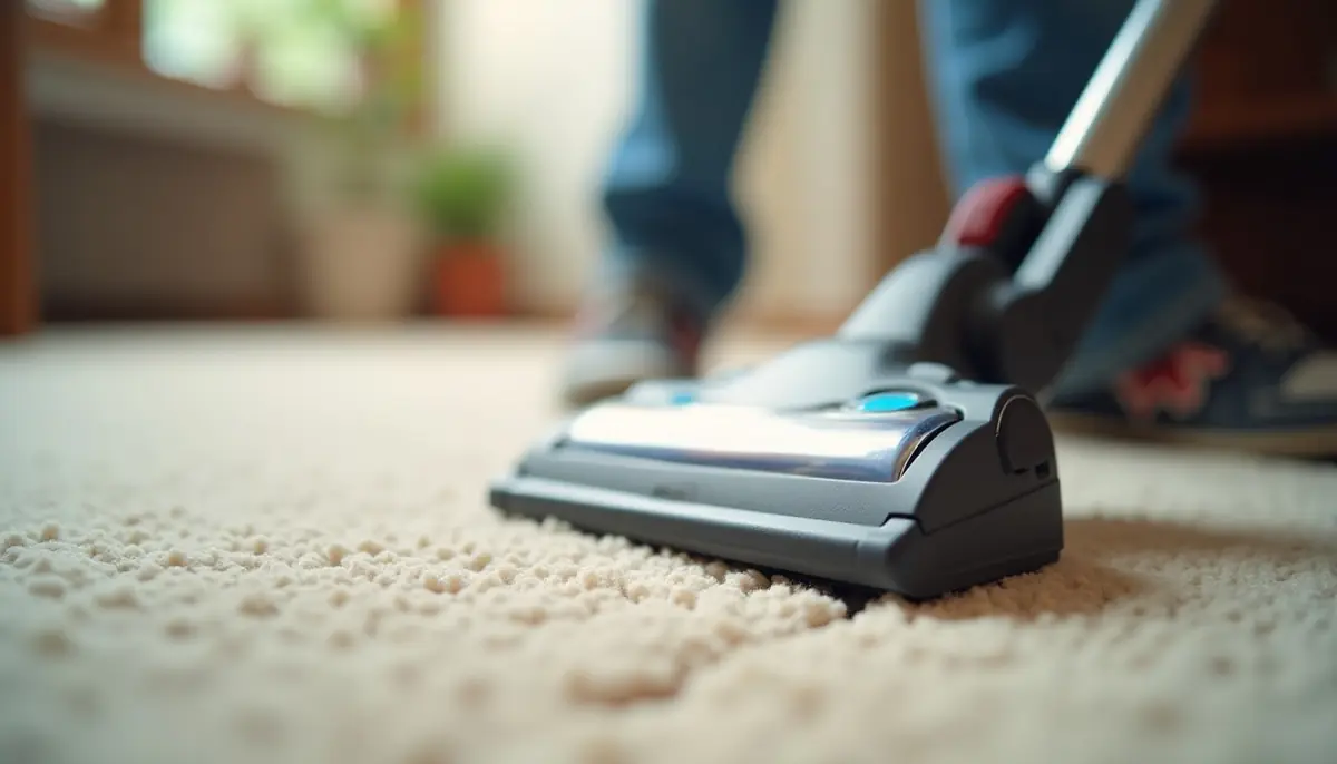 Vacuum crevice tool along the edge of a carpet