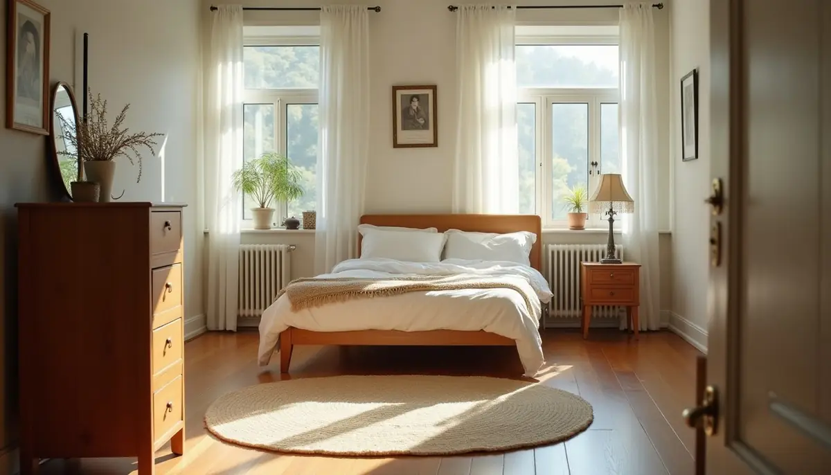 Bedroom with a bed and a rug in daylight