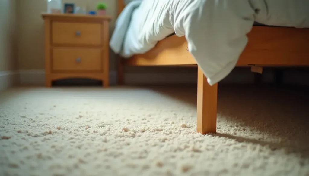 Bedroom carpet beside a bed frame