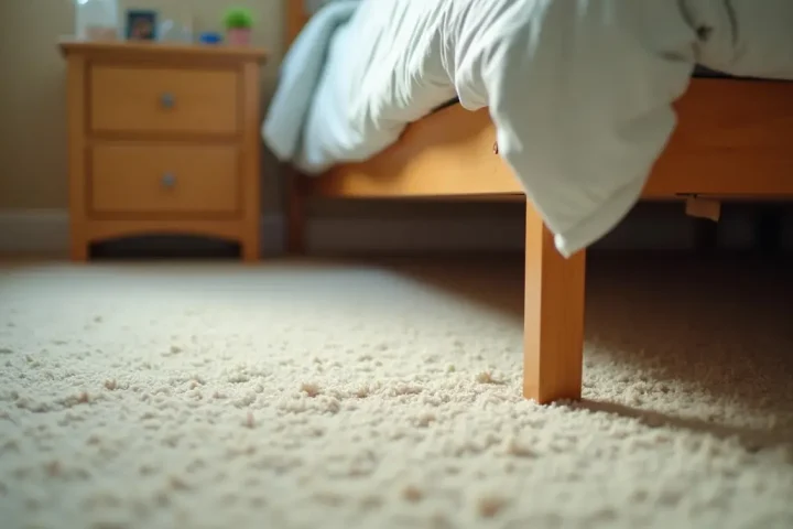Bedroom carpet beside a bed frame