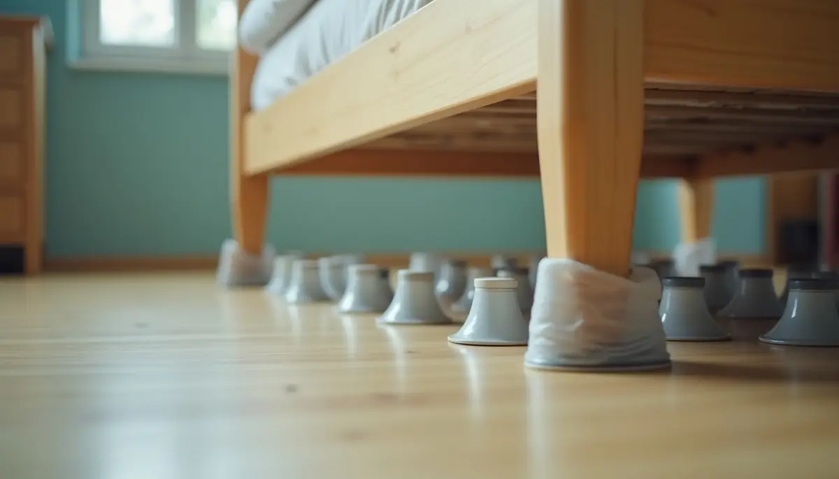Bed legs standing in plastic cup traps