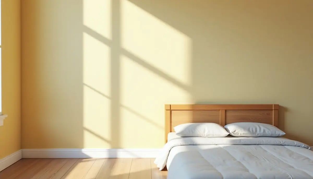 Bedroom wall and bed frame in daylight