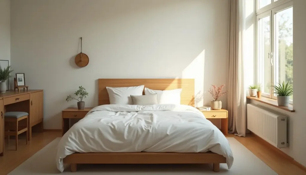 Made bed in a bright bedroom