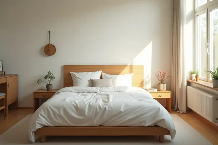 Made bed in a bright bedroom