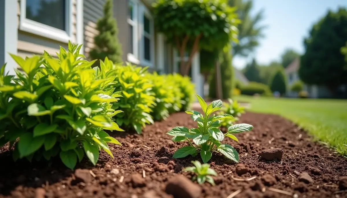 Thick mulch bed around plants by a house