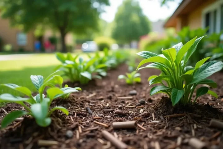 Garden bed with mulch and plants