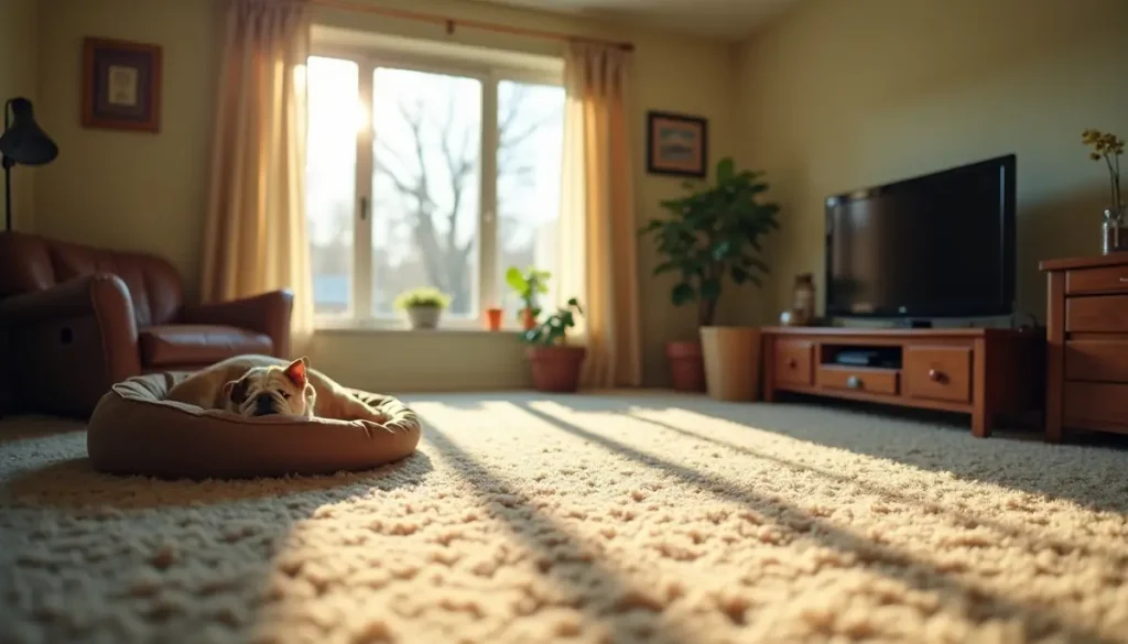 Living room with thick carpet and a dog bed