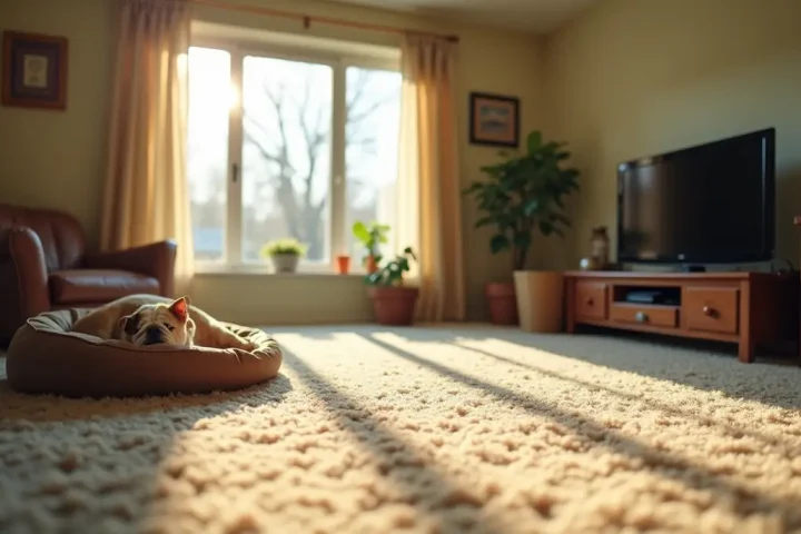 Living room with thick carpet and a dog bed