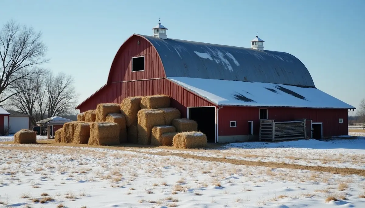 Farm barn with hay in winter