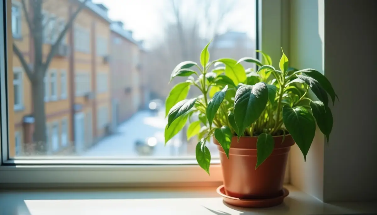 Potted houseplant on a windowsill in winter